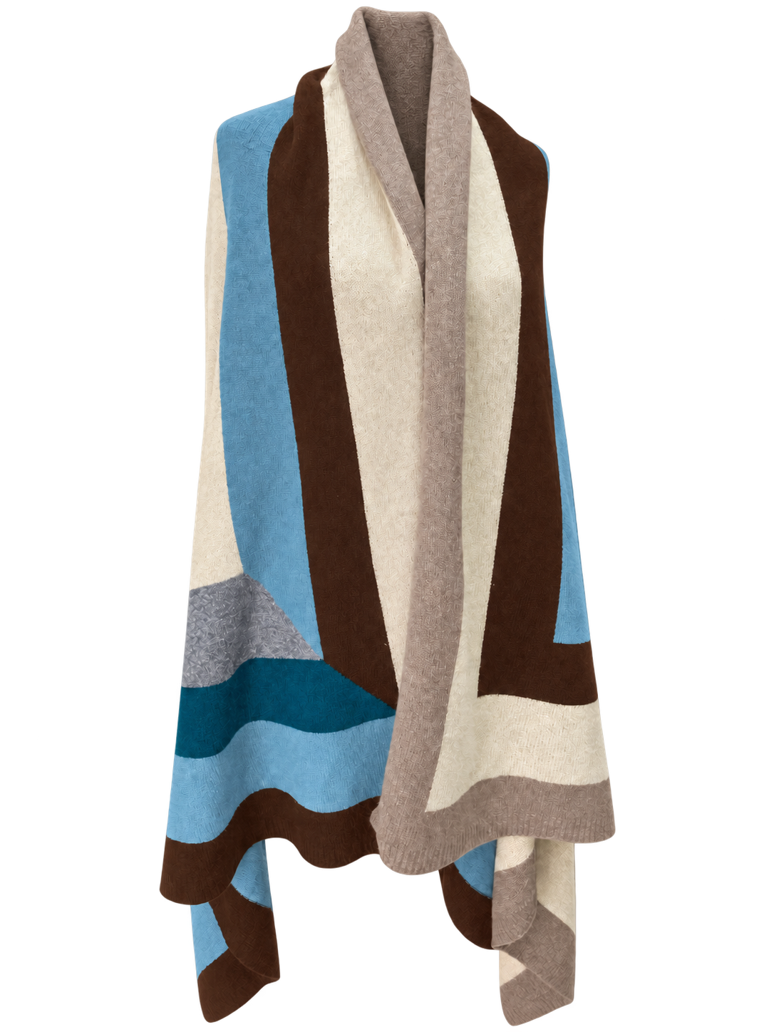 ANGEL Deep Pine large cashmere shawl, sky blue, chocolate brown, ecru and deep pine teal