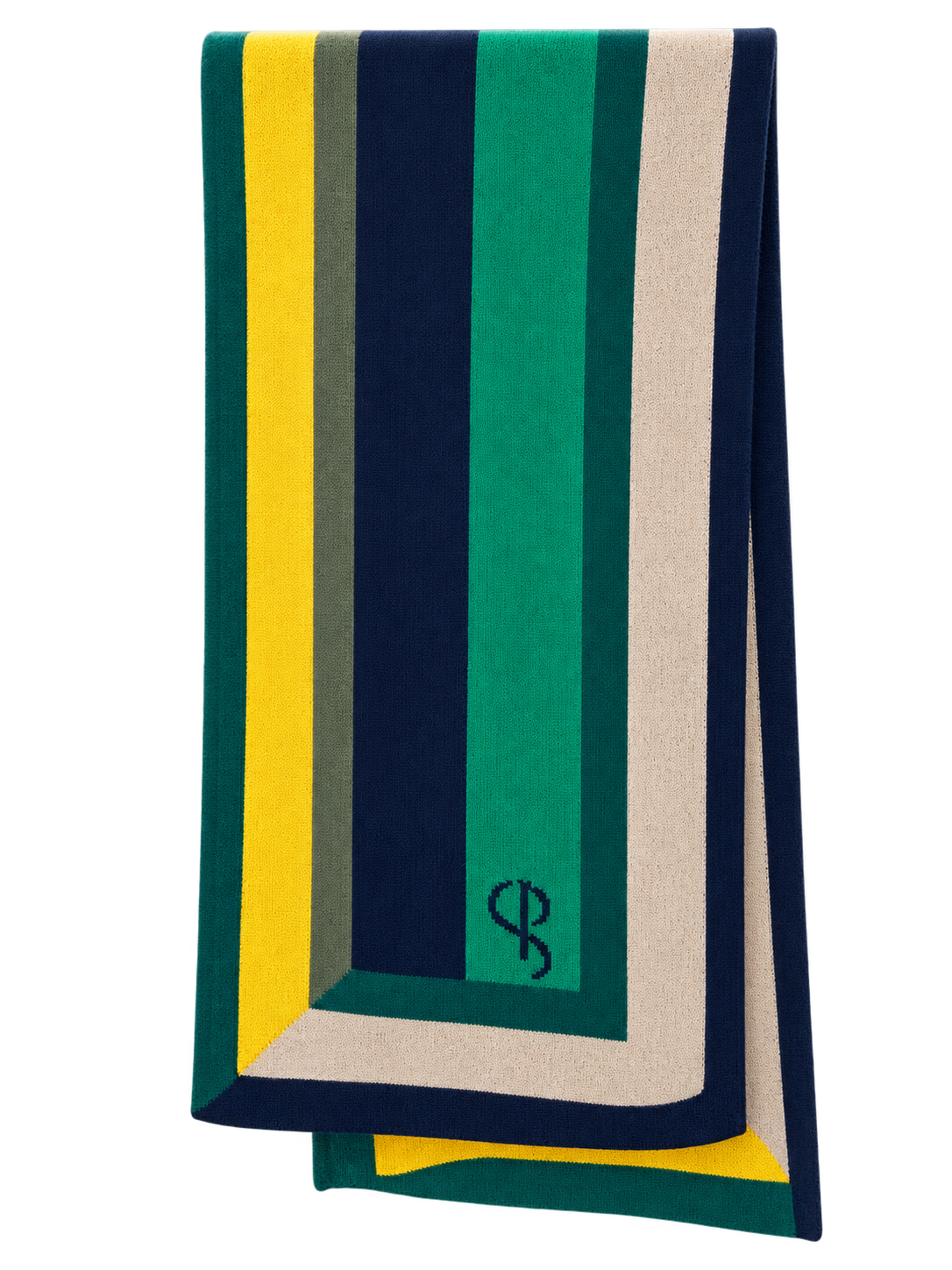 WINDOWS Green striped cashmere scarf, emerald and forest green, navy, yellow and sand
